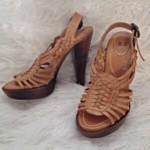 Frye's Joy Haurache Tan Heels with Woven Design and Ankle Strap